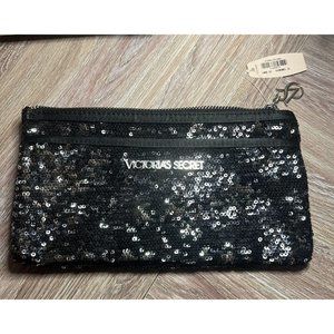 VICTORIAS SECRET Makeup Cosmetic Bag Black & Silver Sequins Pouch Zipper NWT